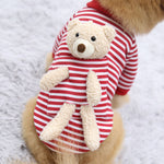 Red and white striped pet shirt with tan teddy bear applique