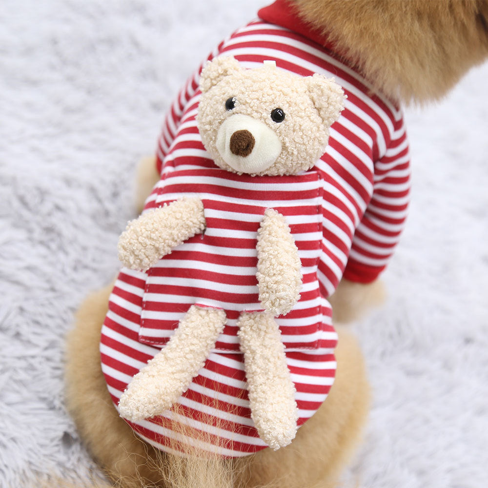 Red and white striped pet shirt with tan teddy bear applique