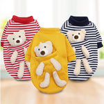 Set of three pet sweaters: red, yellow, and navy striped with teddy appliques