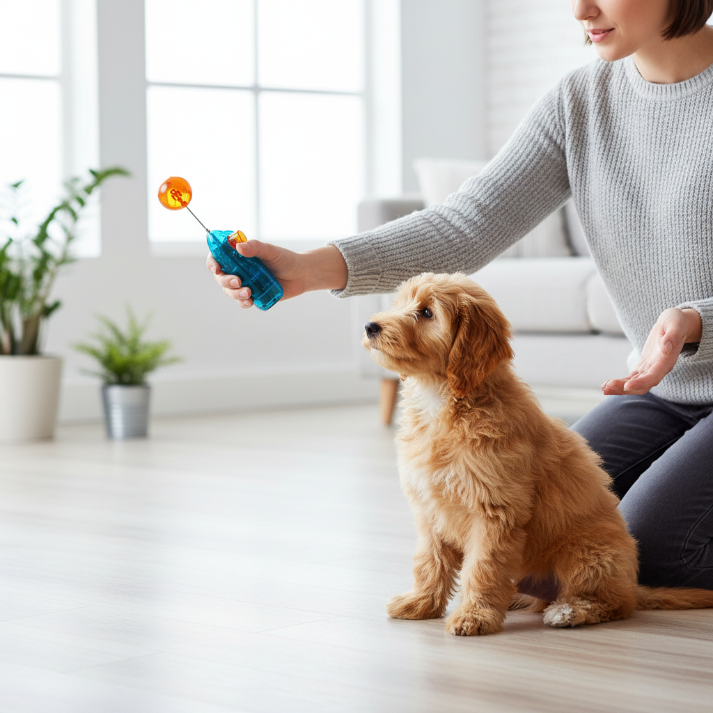 Blue dog training clicker in hand with orange button, near a sitting dog.