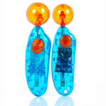 Blue translucent dog training toy pair with orange ball tops and red circular emitters