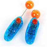 Blue translucent dog training toy pair with two orange glowing balls and red centers