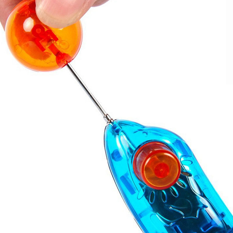 Blue translucent dog training toy detail with orange ball top and red center button