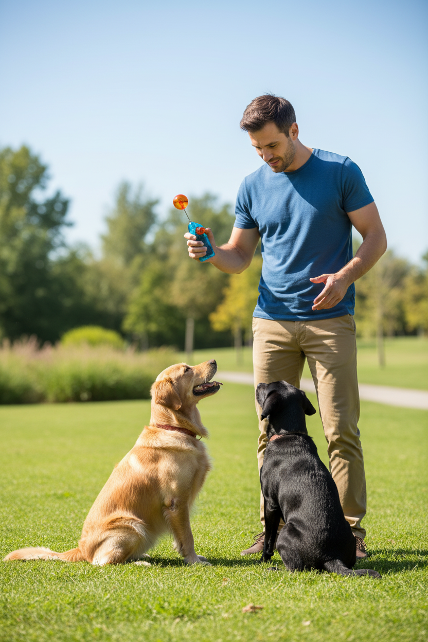 Blue training clicker with orange button held up outdoors while two dogs sit nearby.