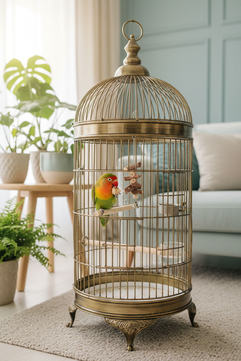 Wooden bird cage with dangling bell and small bird toys
