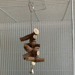Wooden parrot molar toy with bell, linked vine logs and small round wood pieces