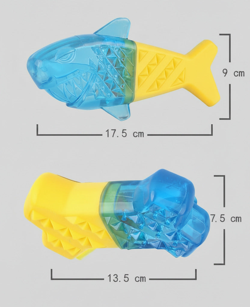 Water-fillable dog chew toy, blue and yellow; size markings 17.5 cm and 13.5 cm.