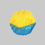 Water-fillable dog chew toy, blue clear cup with yellow textured lid.