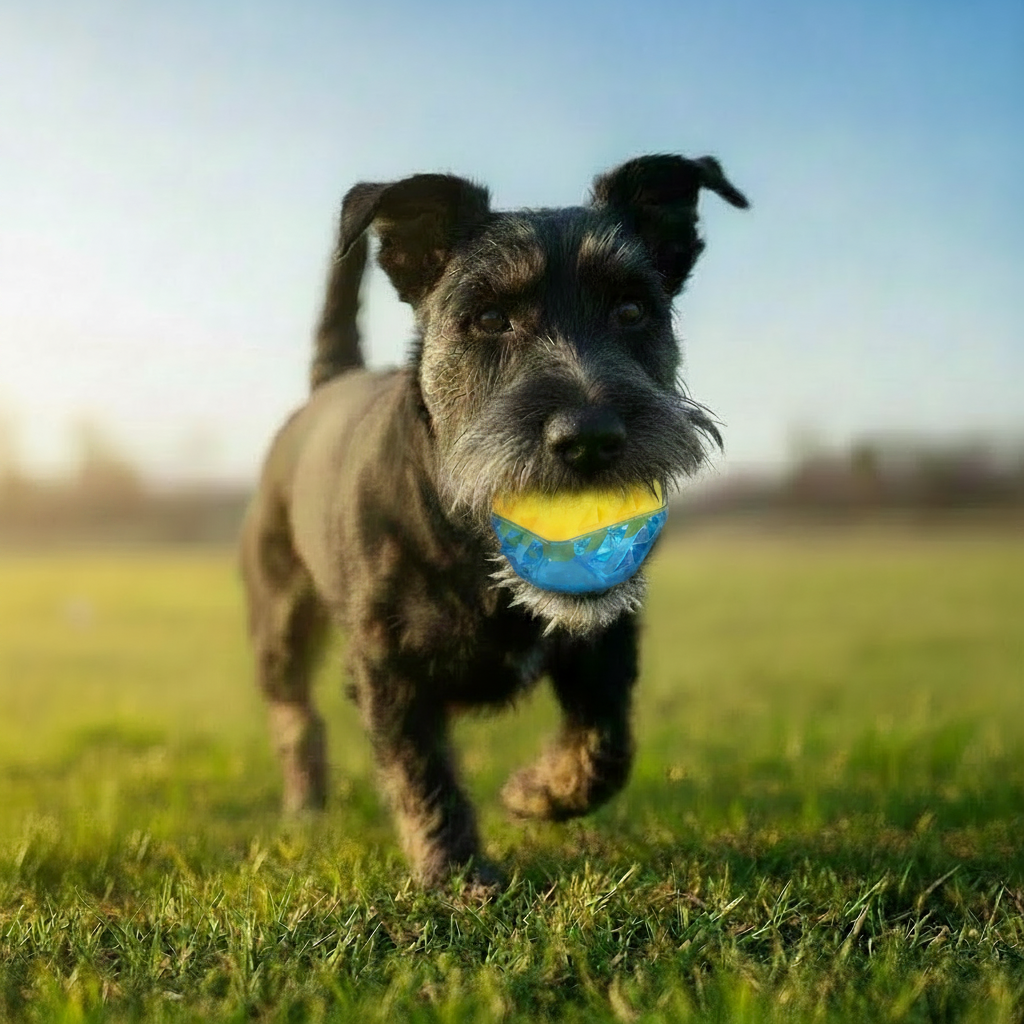 Dog carrying a blue-and-yellow water-fillable chew toy, yellow center.