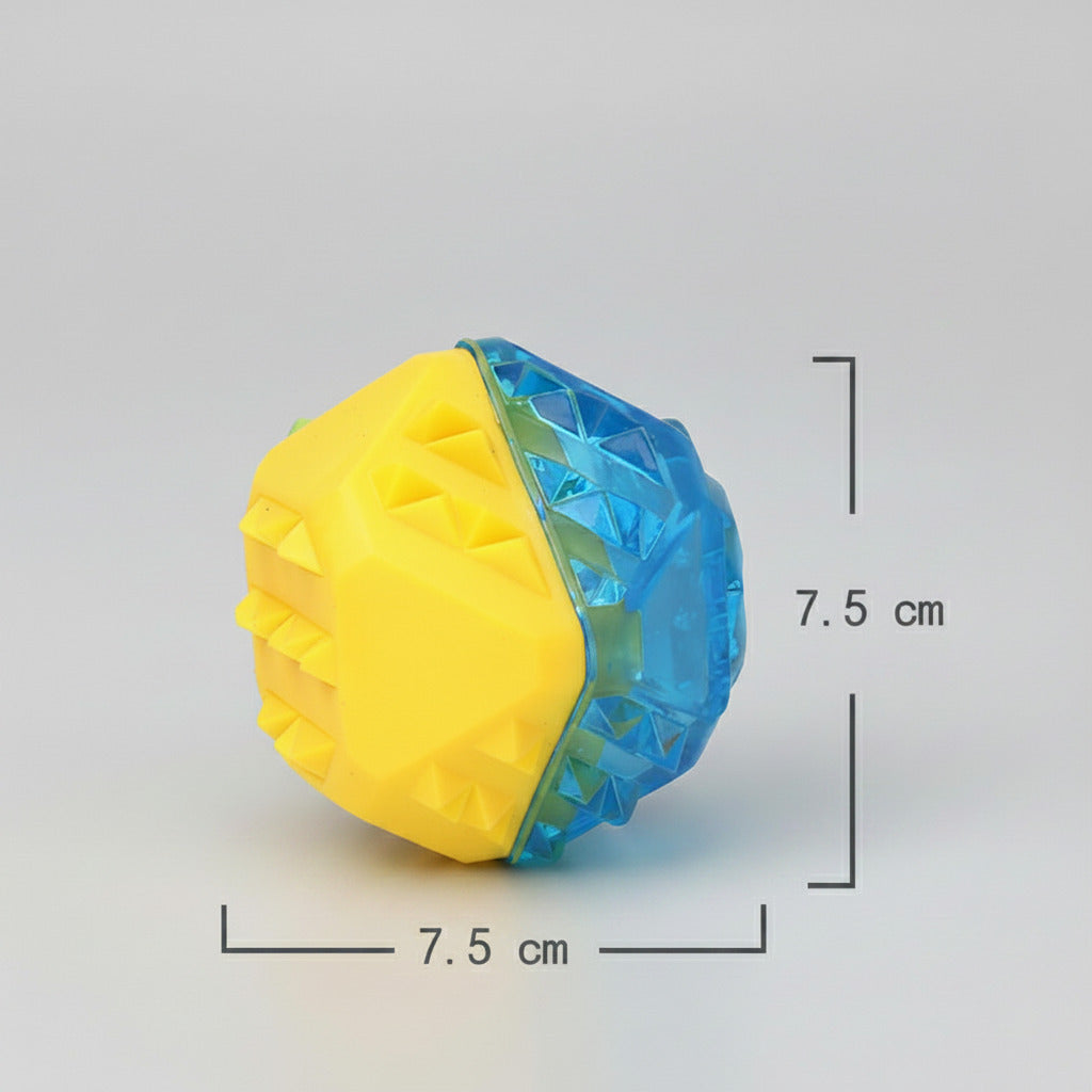 Water-fillable dog chew toy, yellow-and-blue round body; size markings 7.5 cm.