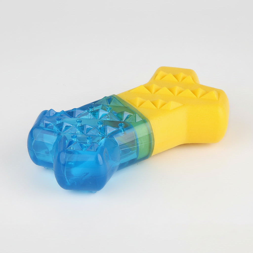 Water-fillable dog chew toy, yellow bone with blue crystal-textured tube.