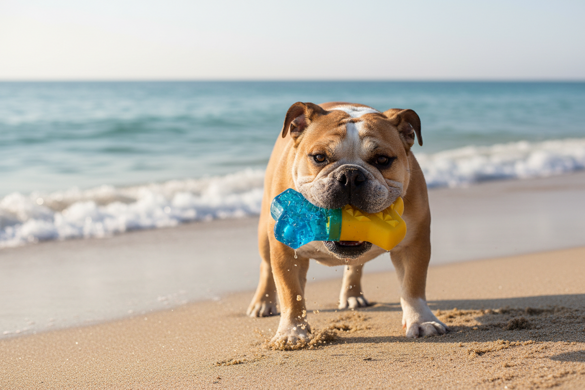 Dog holding a blue-and-yellow water-fillable chew toy in its mouth.
