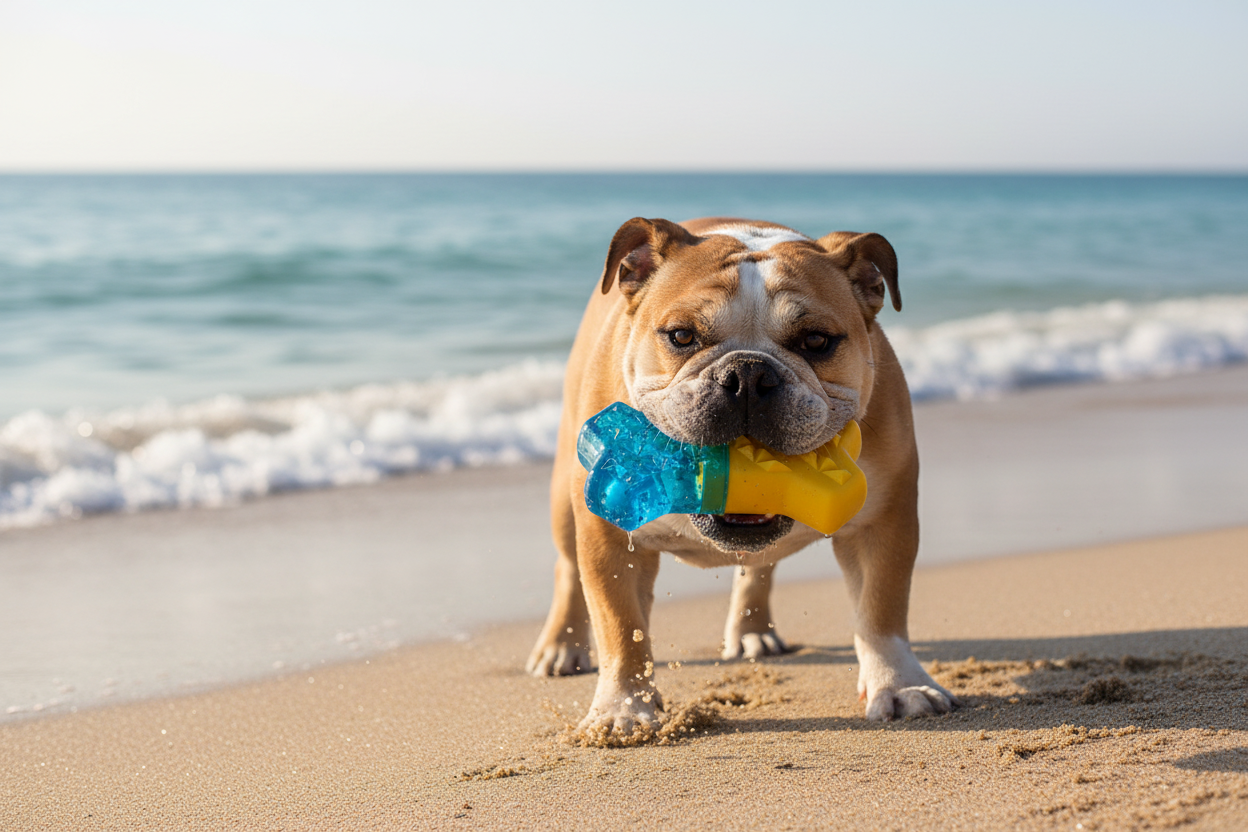 Dog holding a blue-and-yellow water-fillable chew toy in its mouth.