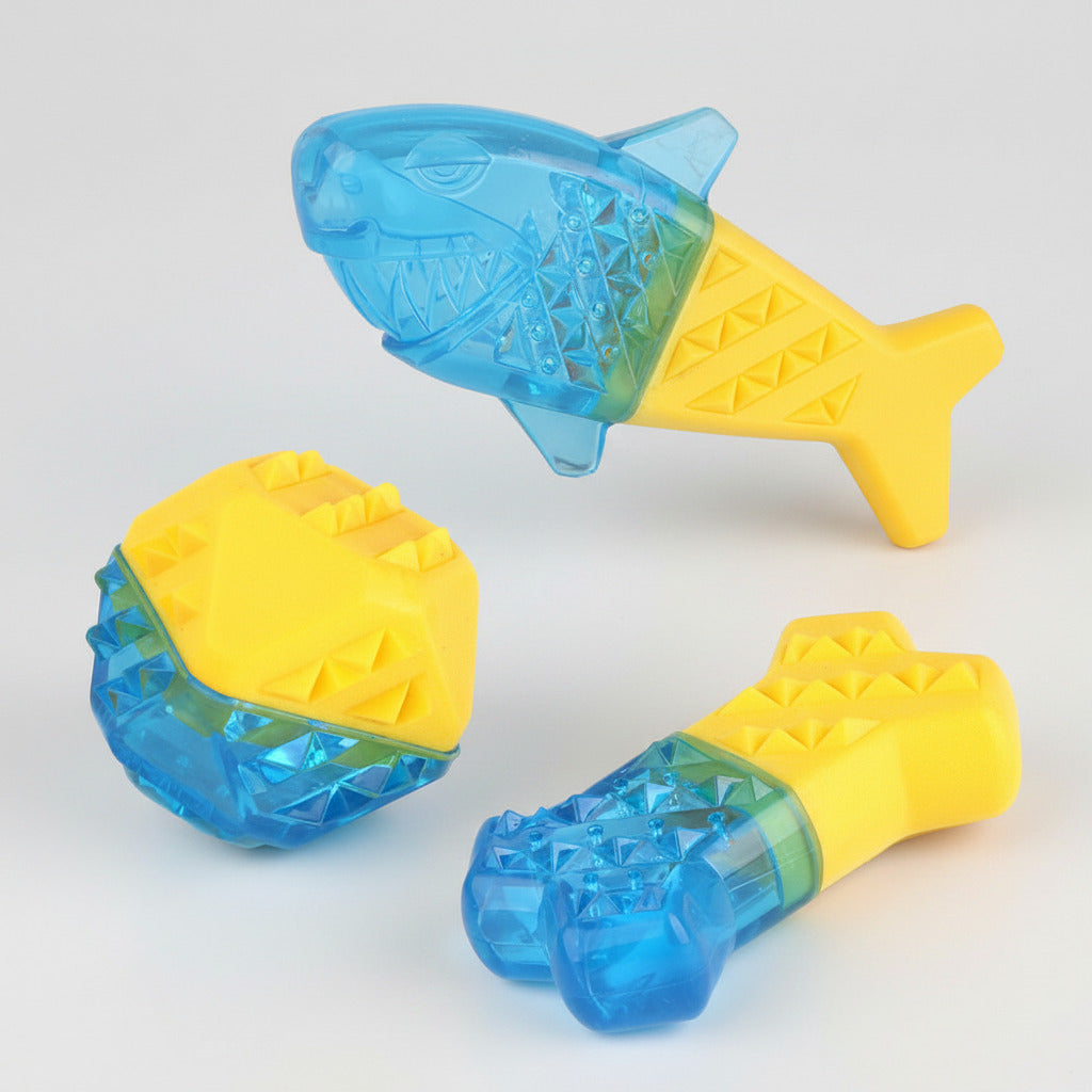 Water-fillable dog chew toy, blue transparent claw with yellow handle, star tip.