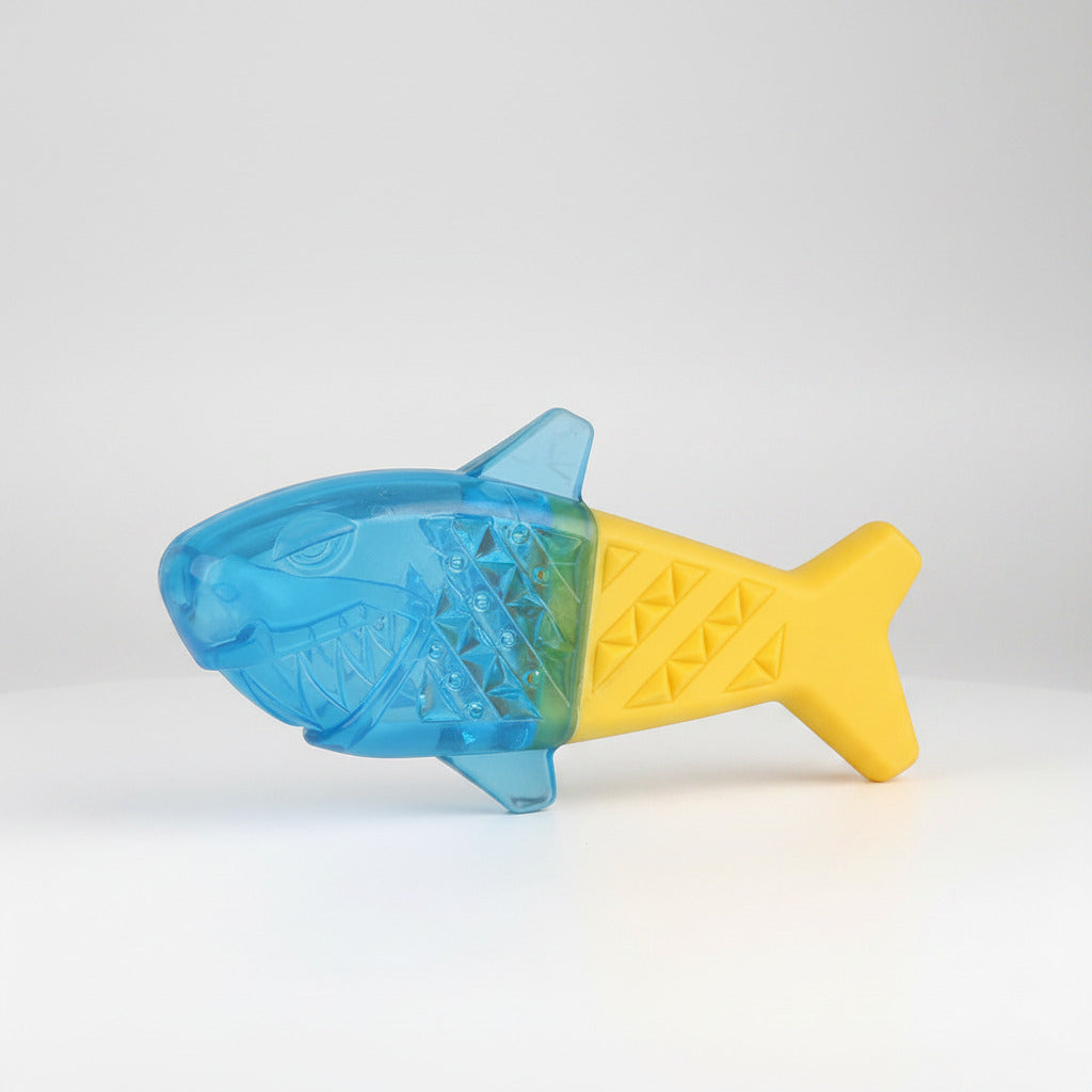 Water-fillable dog chew toy, blue transparent fish head with yellow fin handle.