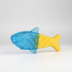 Water-fillable dog chew toy, blue transparent fish head with yellow fin handle.