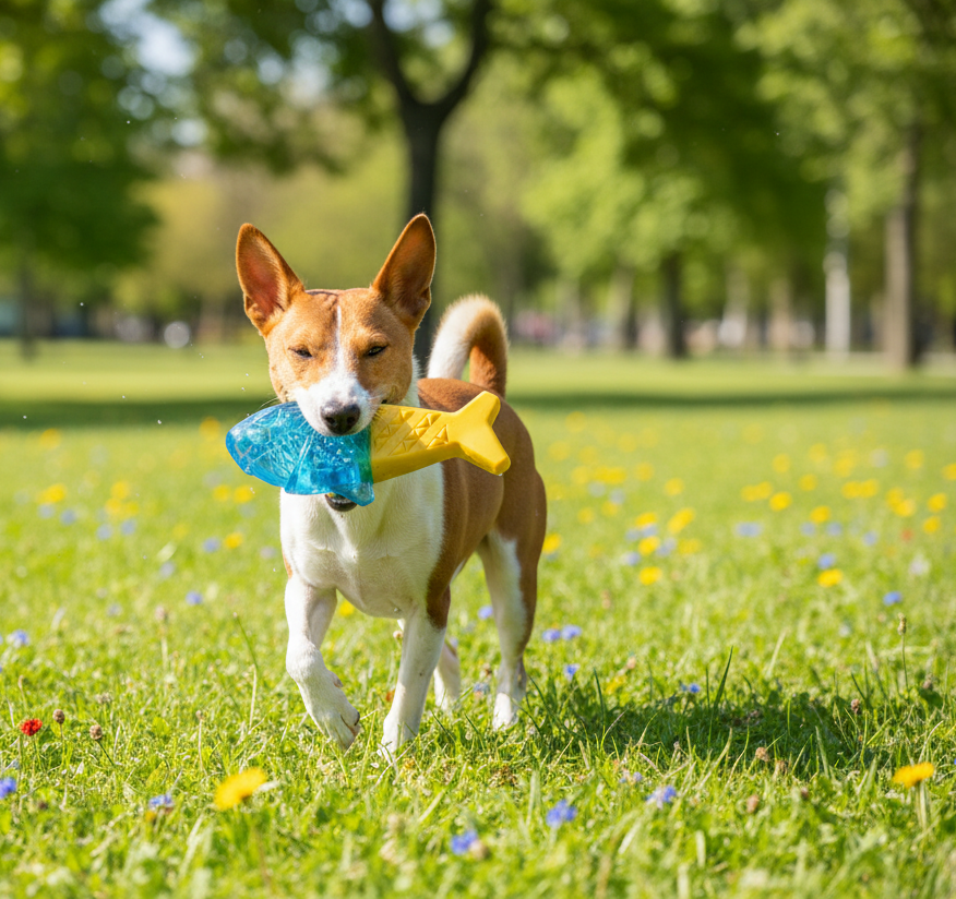 Dog playing with a blue-and-yellow water-fillable chew toy, star shape.