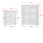 Pet screen door panel, white frame with four mesh squares and size diagram overlay