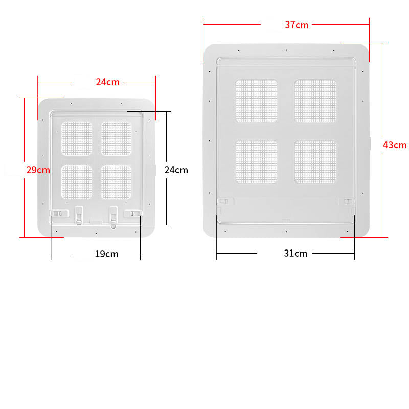 Pet screen door panel, white frame with four mesh squares and size diagram overlay
