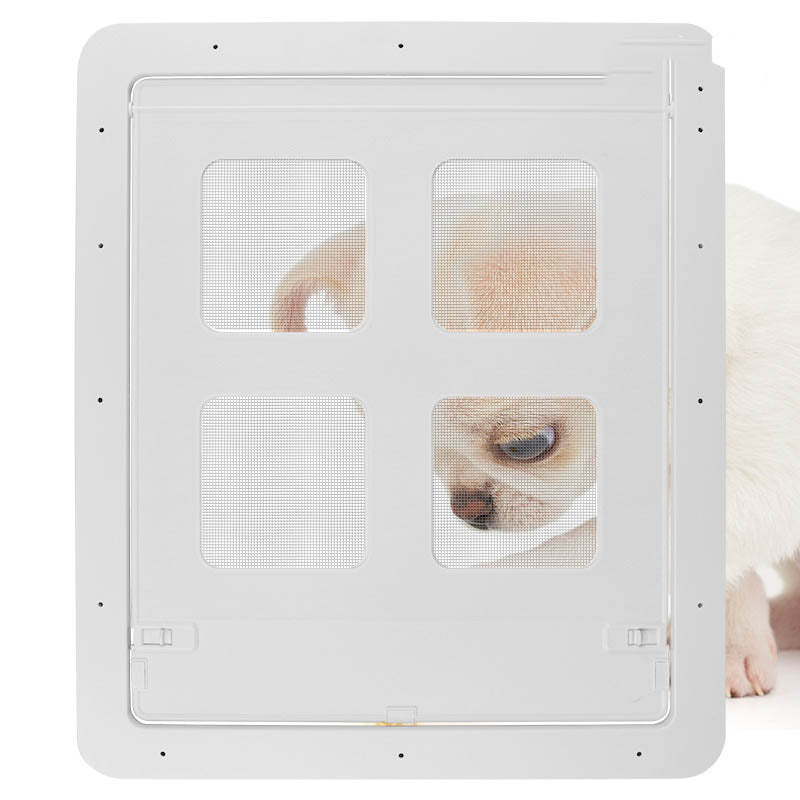 Pet screen door panel with four mesh windows, white frame and bottom latches
