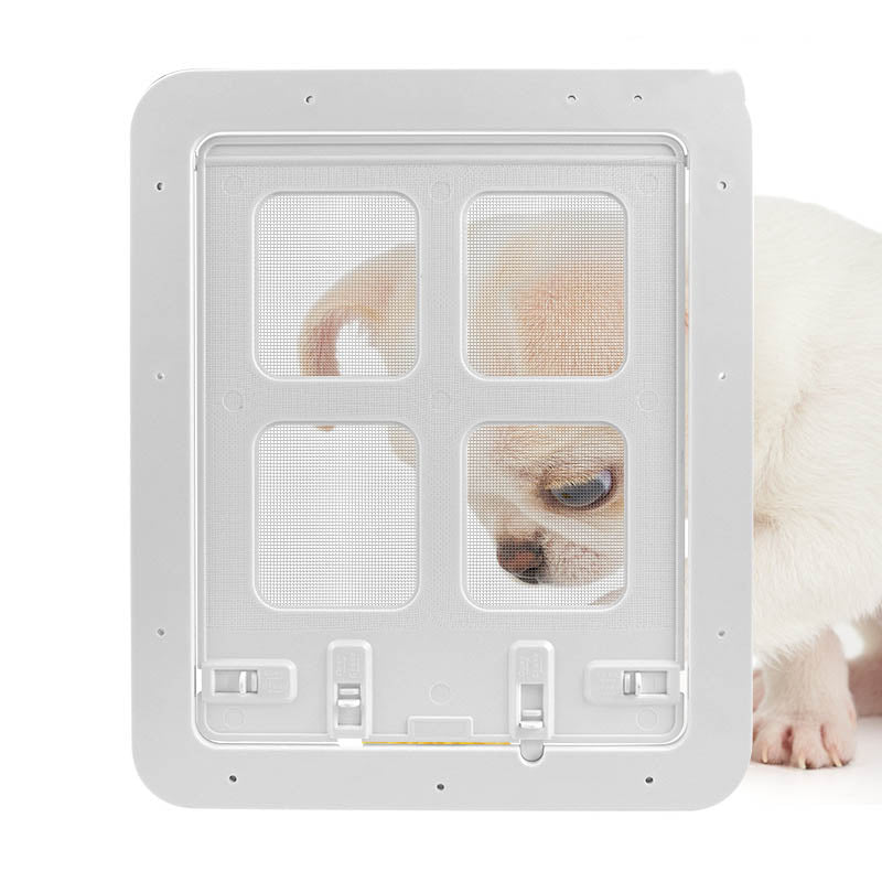 Pet screen door panel with four mesh windows, white frame and central bottom latch