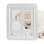 Pet screen door panel with four mesh windows, white frame and central bottom latch