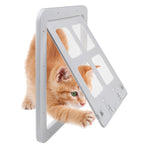 Pet screen door with white frame, hinged flap open, cat behind four mesh windows