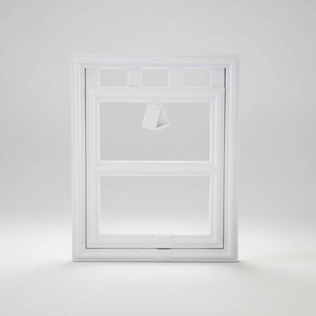White pet screen door frame with hinged flap and corner tabs