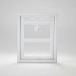 White pet screen door frame with hinged flap and corner tabs