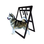 Black pet screen door panel with hinged flap and mounting hooks