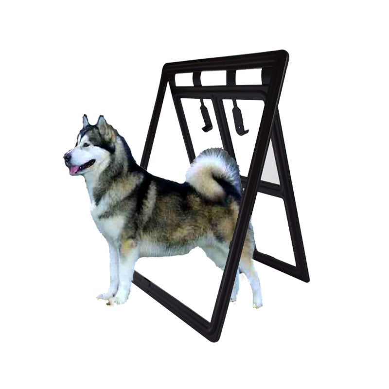 Black pet screen door panel with hinged flap and mounting hooks