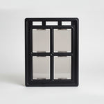Black pet screen door frame with preinstalled flap hinge