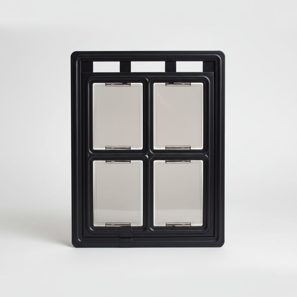 Black pet screen door frame with preinstalled flap hinge