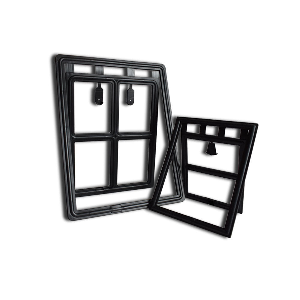 Black pet screen door frame with hinged flap shown partially open