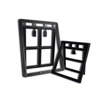Black pet screen door frame with hinged flap shown partially open