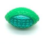 Green bite-resistant rugby training ball dog toy with textured grip and diamond top