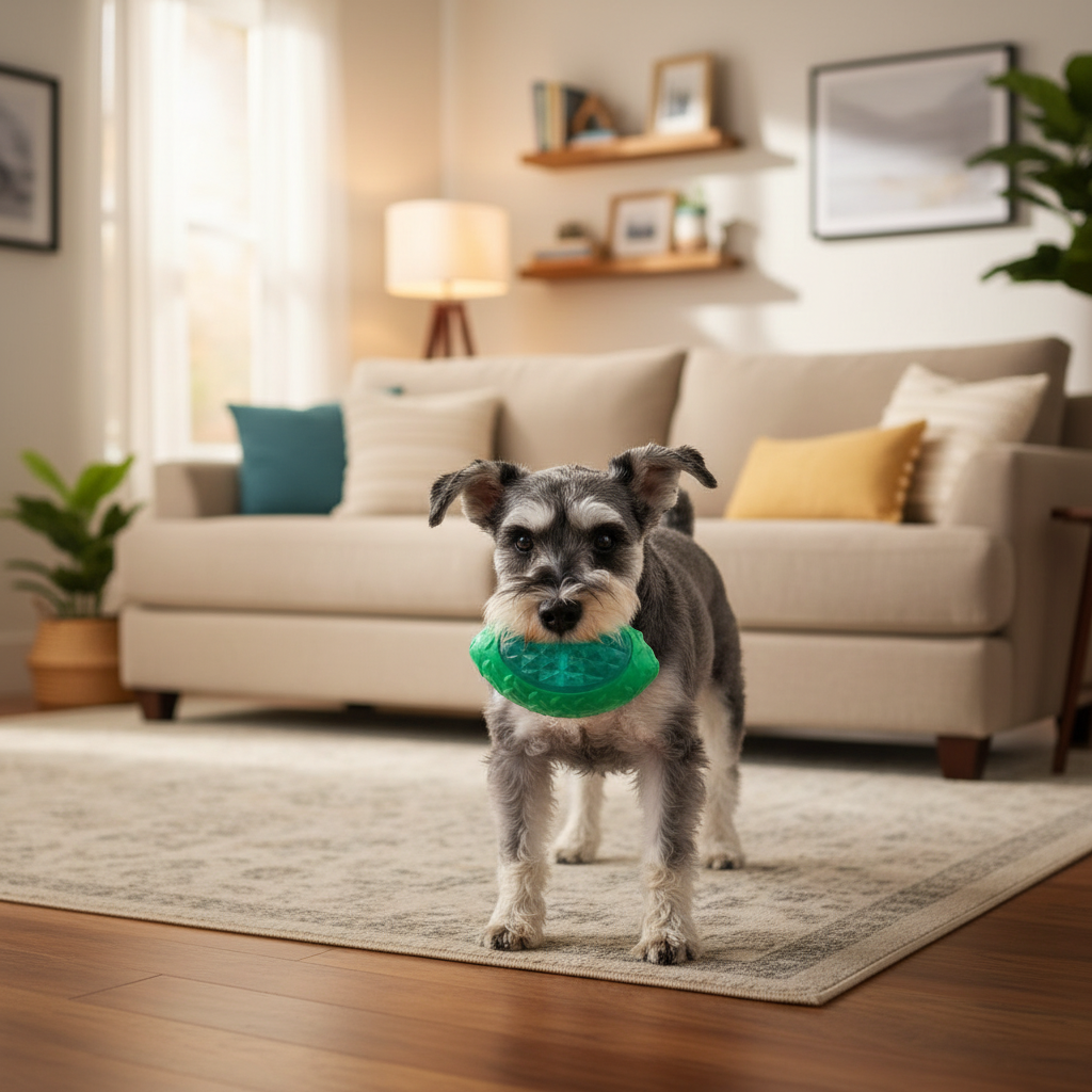 Green bite-resistant rugby training ball dog toy held on a living-room rug