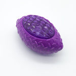 Purple bite-resistant rugby training ball dog toy with textured grip and diamond top