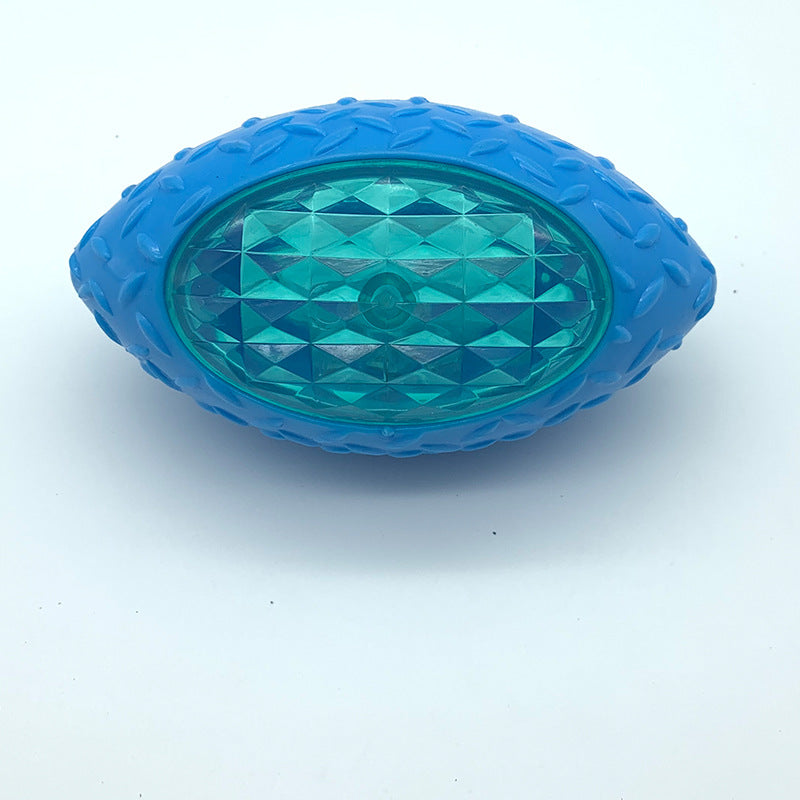 Blue bite-resistant rugby training ball dog toy with textured grip and diamond top