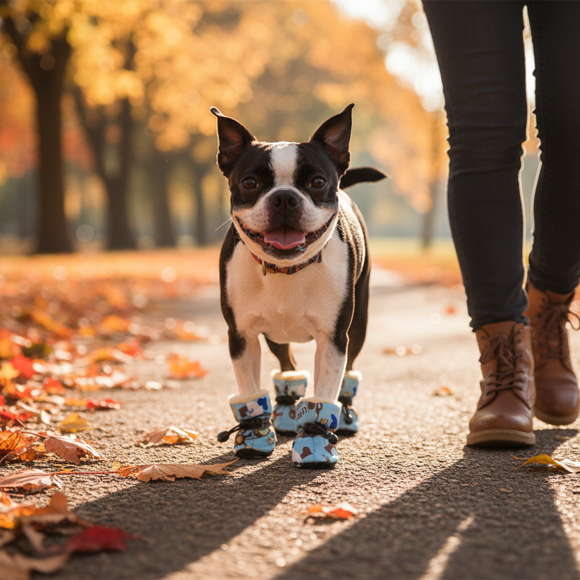 Small dog wearing blue rain boots with cartoon print and black drawcord straps