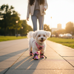 White dog wearing pink rain boots with cartoon print and black drawcord straps