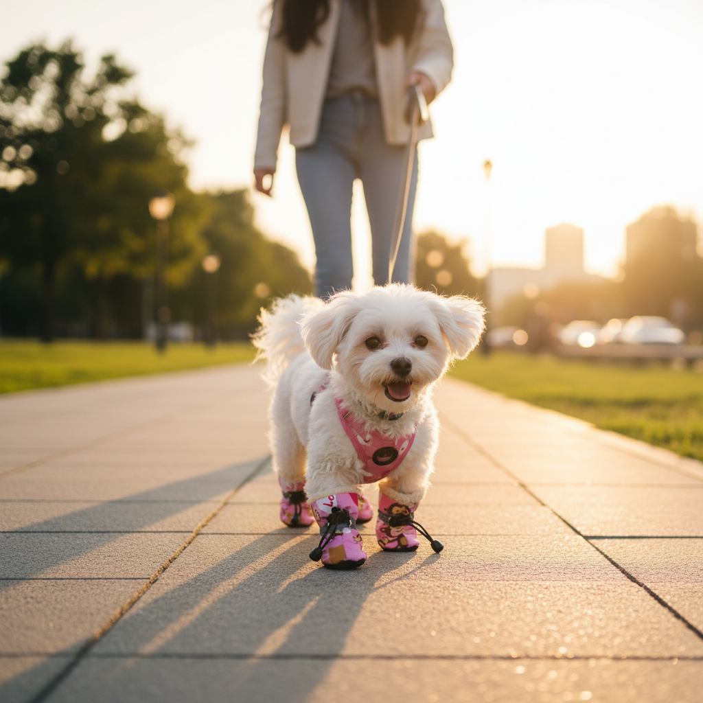 White dog wearing pink rain boots with cartoon print and black drawcord straps