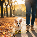 Corgi dog wearing yellow rain boots with cartoon print and black drawcord straps