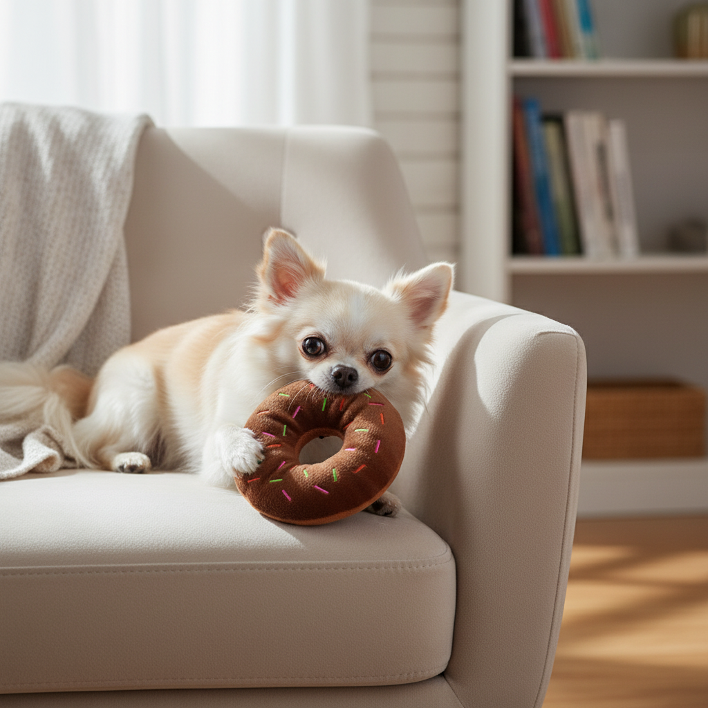 Small dog lying on a couch holding a donut-shaped plush toy with sprinkles