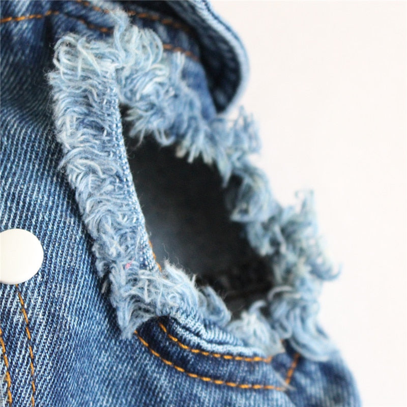Close-up of light blue denim pet jacket sleeve with frayed cuff trim