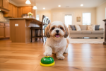 Dog near a green pet training bell with yellow paw button and black base