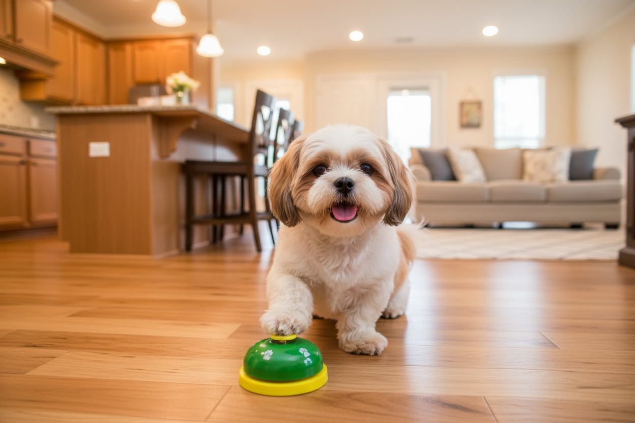 Dog near a green pet training bell with yellow paw button and black base
