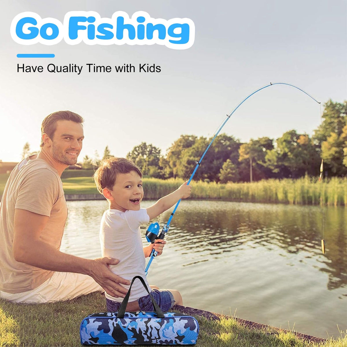 Kids fishing pole set with blue camouflage carry bag and spincast fishing rod