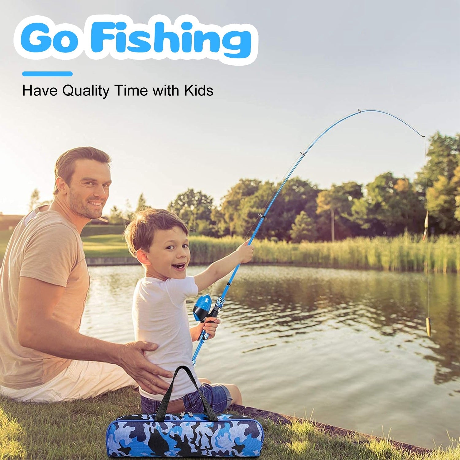 Kids fishing pole set with blue camouflage carry bag and spincast fishing rod