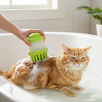 2-in-1 silicone pet washing brush with green shampoo dispenser, rubber bristles